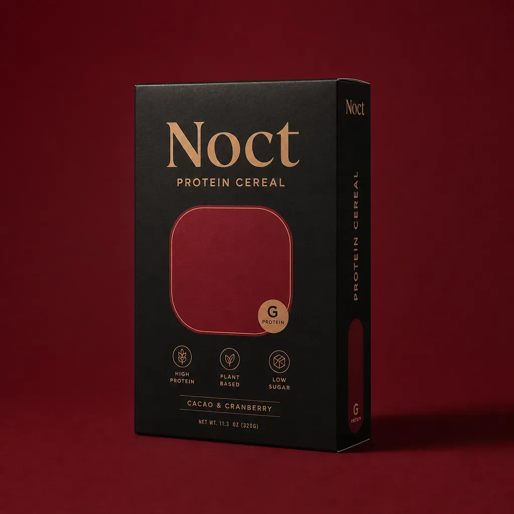 Dark protein cereal carton on a deep burgundy background