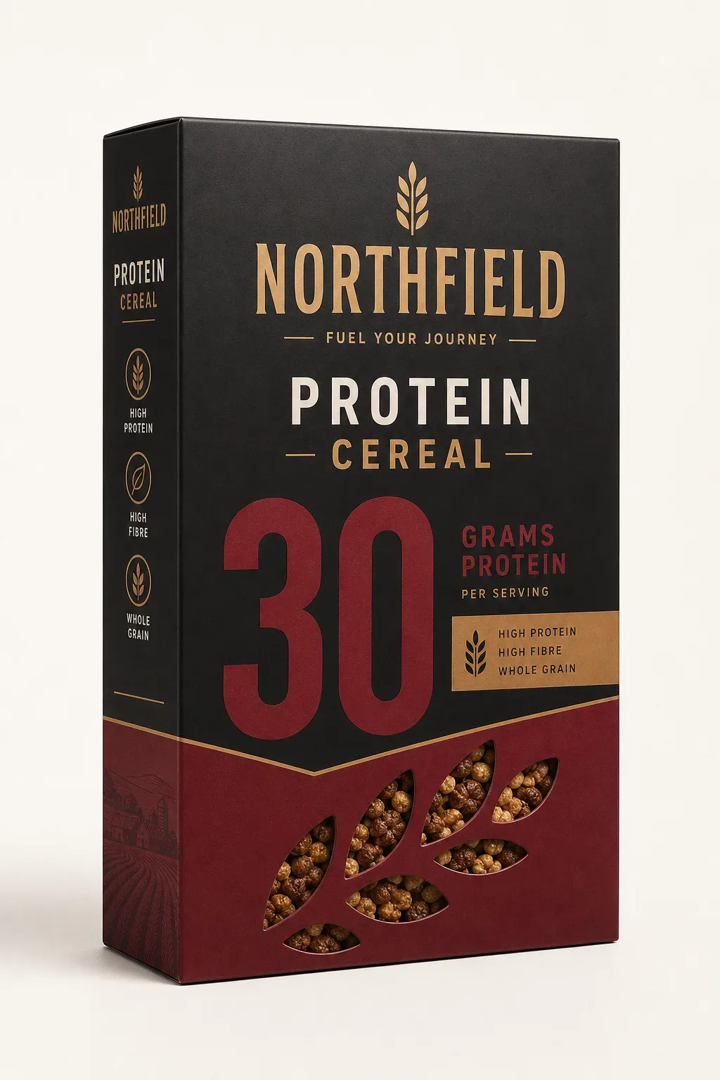 Dark sports-style protein cereal carton