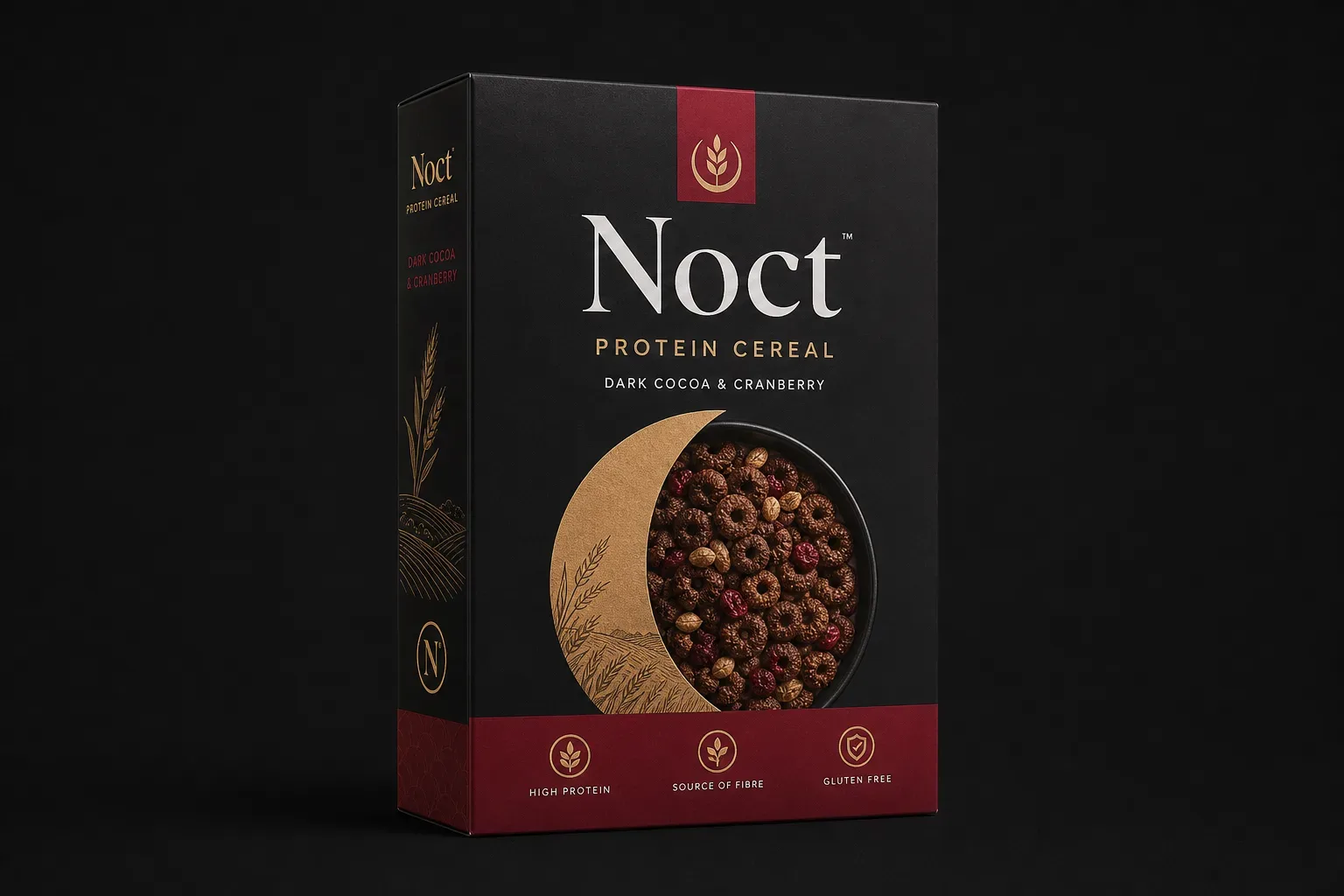 Matte or soft-touch finish for protein cereal boxes