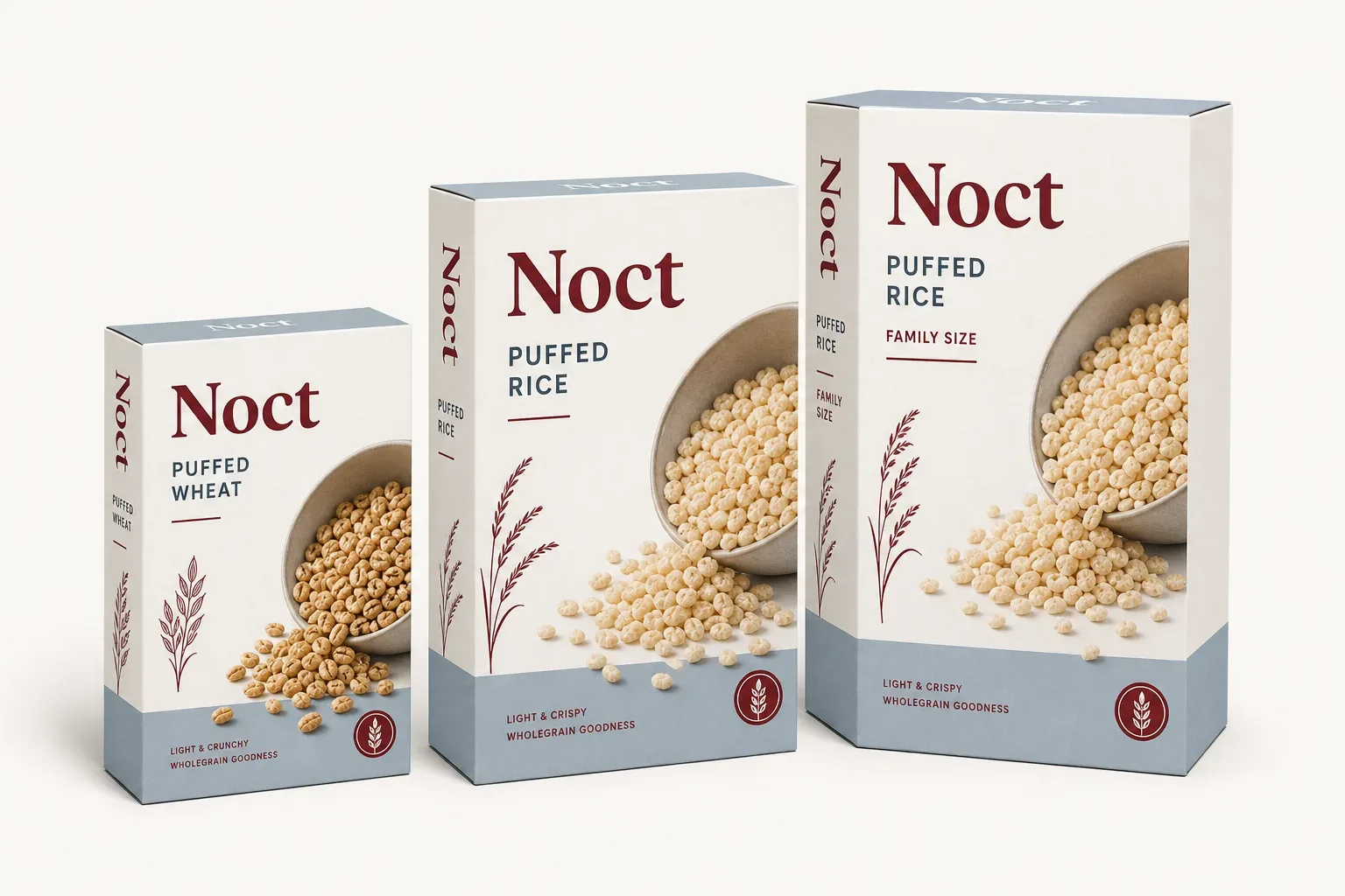 Puffed cereal boxes — white puffed rice carton beside a puffed wheat carton and a family-size carton
