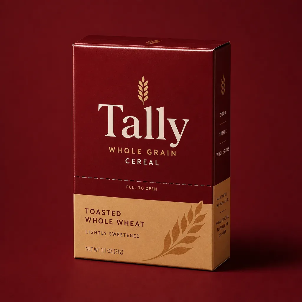 Single-serve cereal carton on a deep burgundy background
