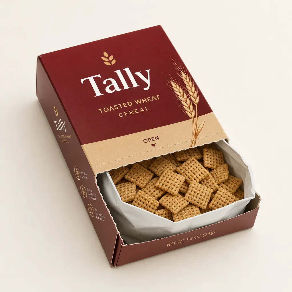 Single-serve cereal box opened to eat from
