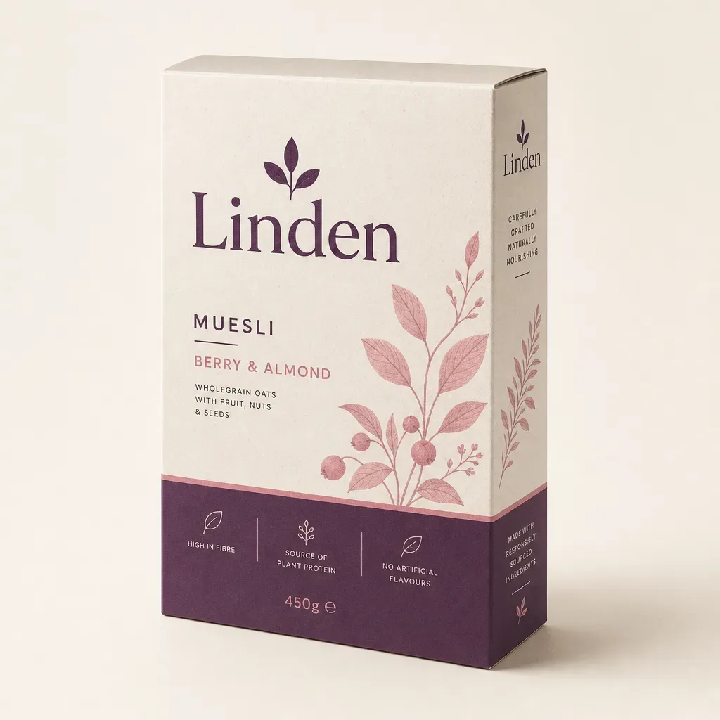 Snap lock bottom cereal boxes — printed muesli carton, three-quarter view