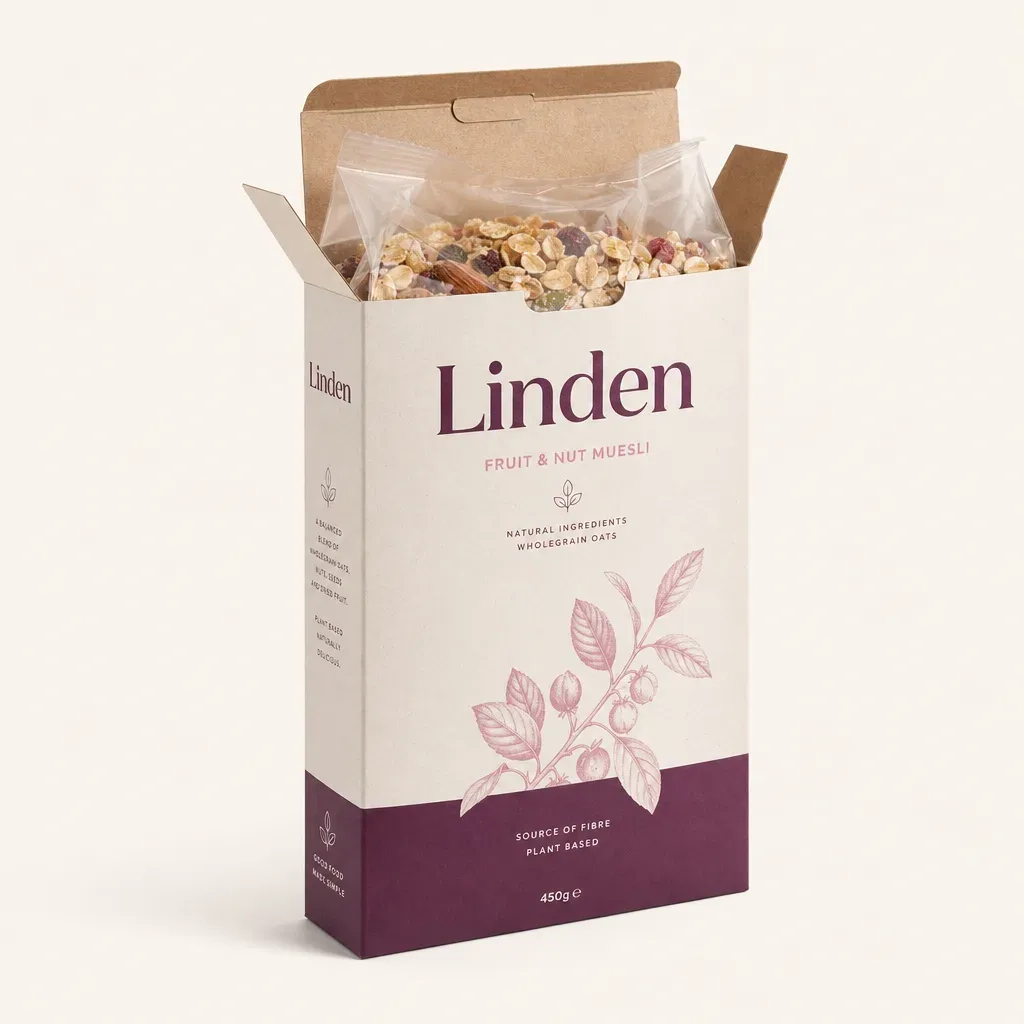 Open tuck top on a snap-lock cereal carton with inner bag of muesli