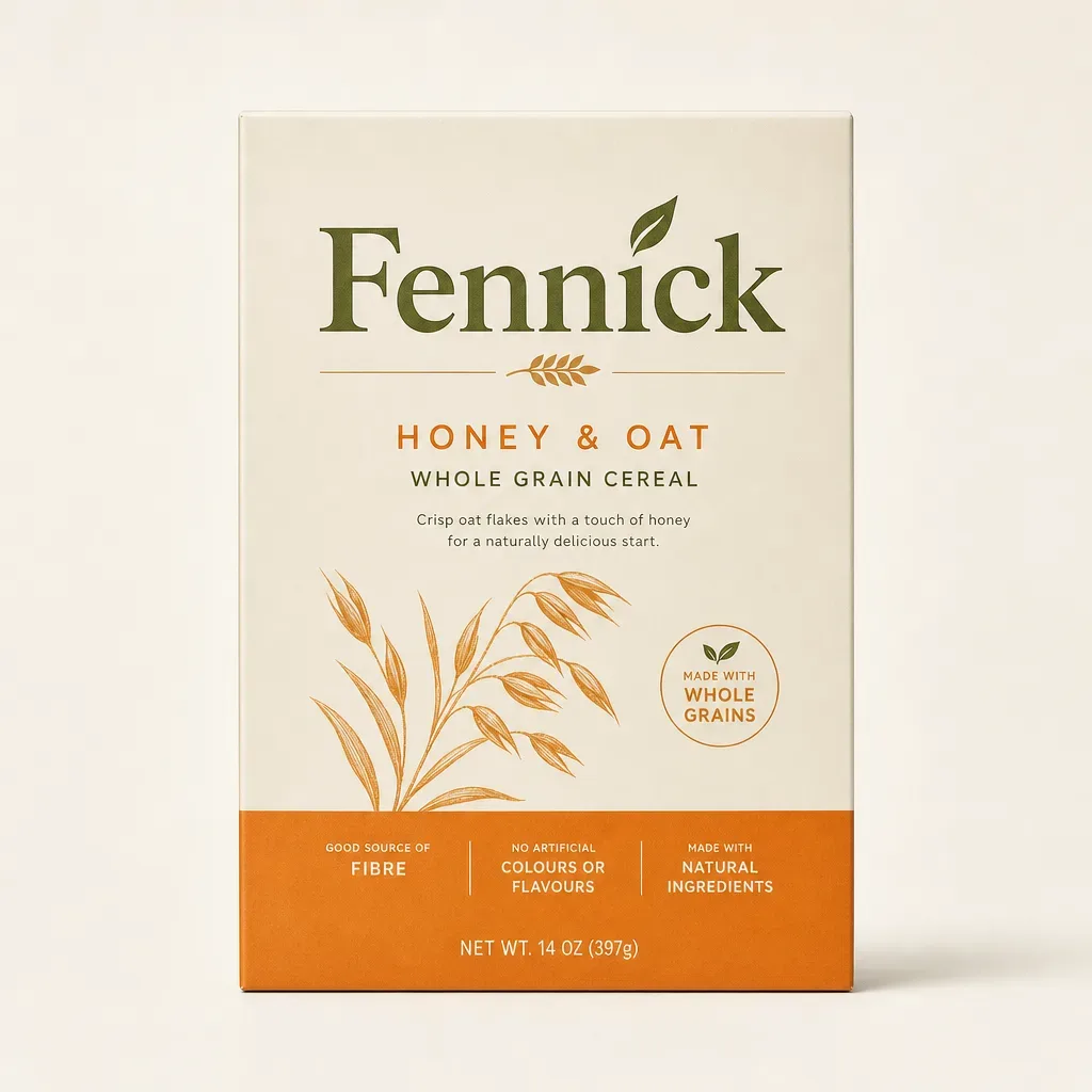 Front panel of an STE cereal box with clean folded edges