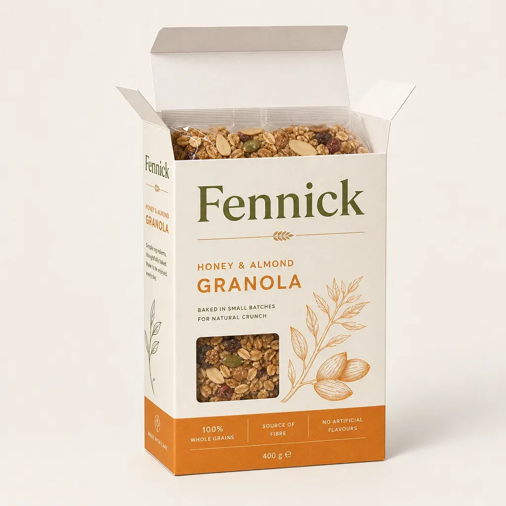 Open tuck top cereal box showing dust flaps and inner bag