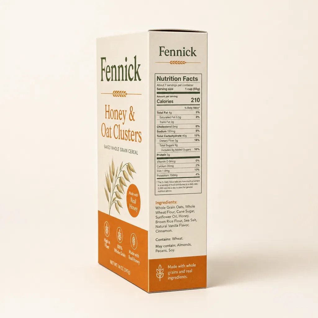 Side information panel of a straight tuck cereal carton