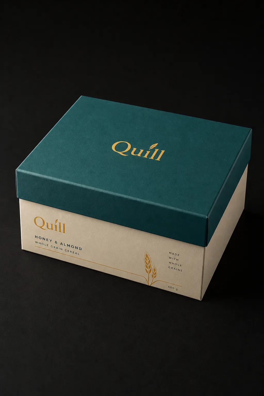 Tray and lid packaging for cereal lit on a dark studio background
