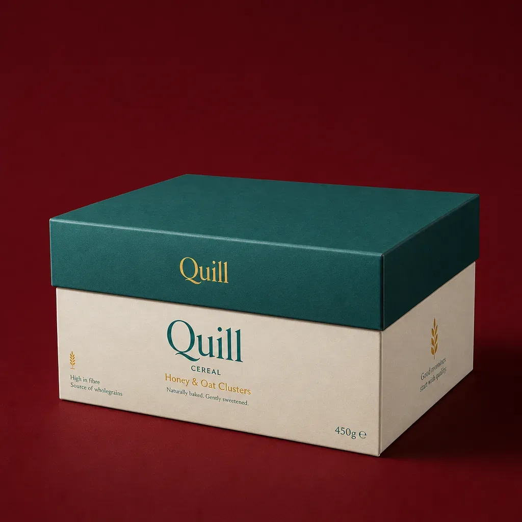 Two-piece lid and base cereal box on a deep burgundy background