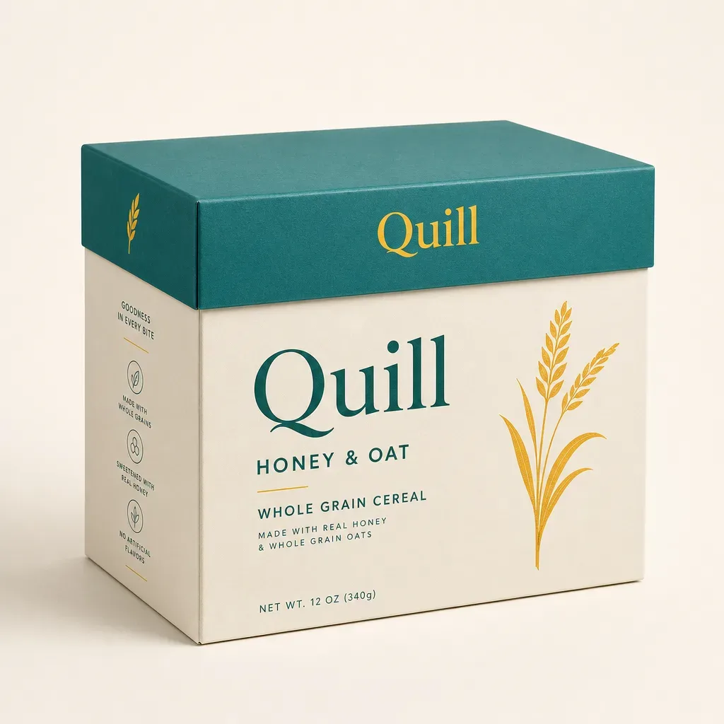 Two piece cereal boxes — lid and base presentation box, three-quarter view