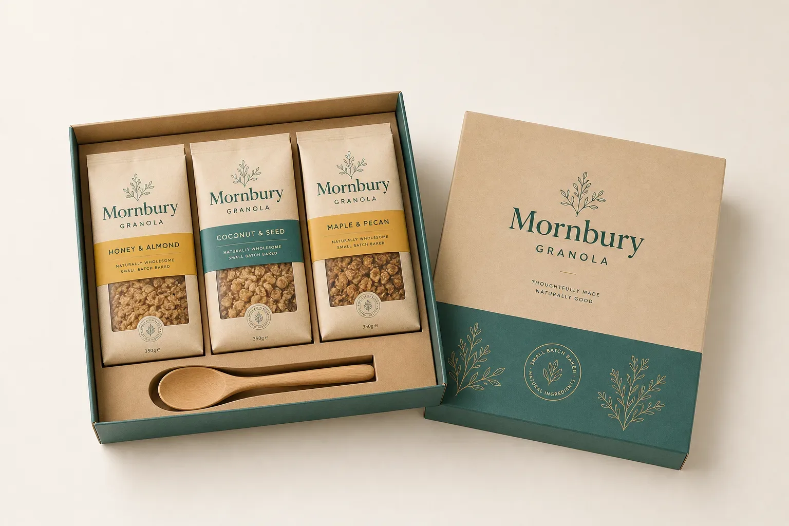 Open two-piece cereal gift set with pouches in an insert