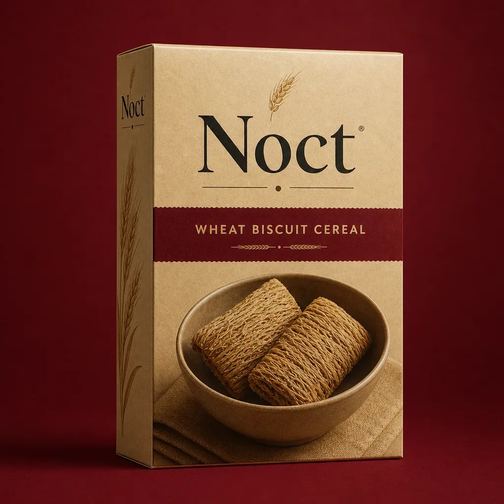 Wheat cereal carton on a deep burgundy background