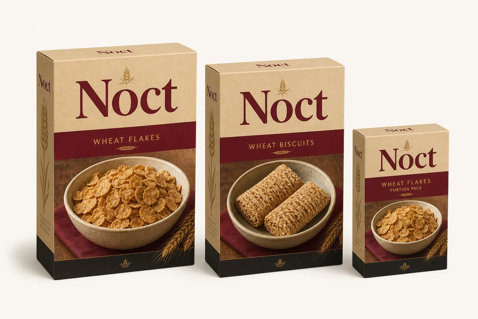 Wheat cereal boxes — wheat biscuit carton beside a wheat flakes carton and a portion carton