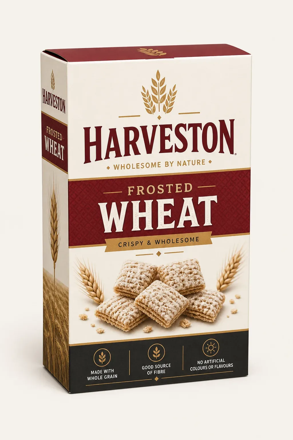 Bright carton of a frosted wheat cereal